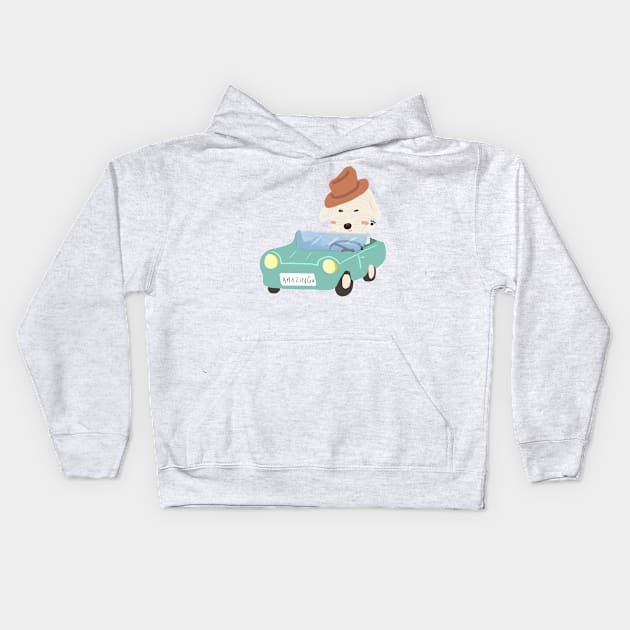 Maltipoo Dog Driving Retro Car Illustration Kids Hoodie by PatternbyNOK